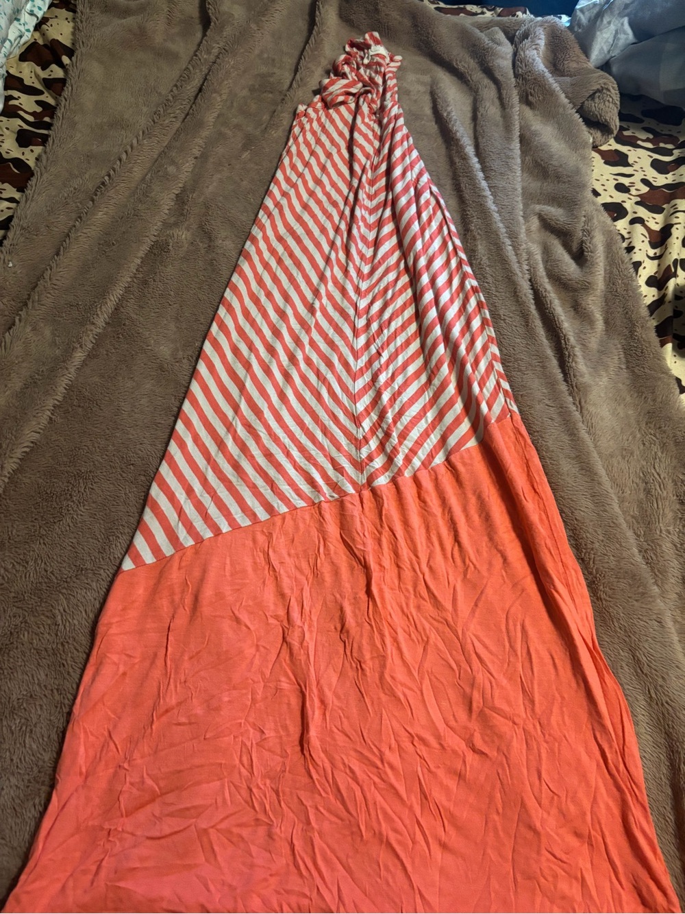 Pink Rose Coral and White Striped Halter Dress